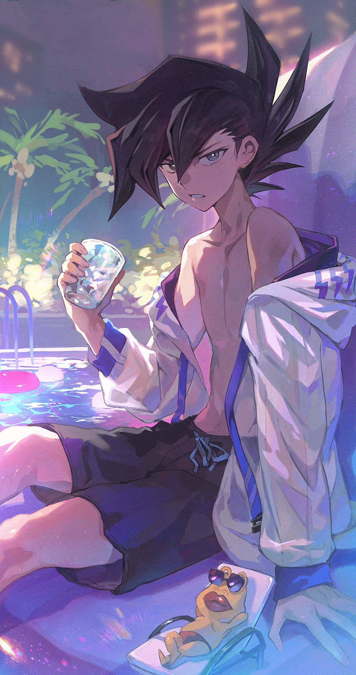Chazz Princeton 桌布 壁紙 — 一個刺蝟頭動畫男孩在泳池邊拿著玻璃杯，一隻戴太陽眼鏡的青蛙在紫色暮光下於附近休憩。