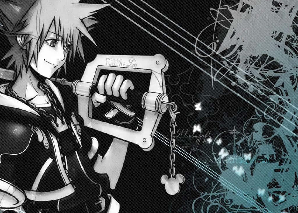 Kingdom Hearts Sora 桌布 壁紙 — 一個刺蝟頭動畫男孩在黑暗背景中手持鑰匙形武器，周圍有發光的蝴蝶和青綠色的抽象漩渦。