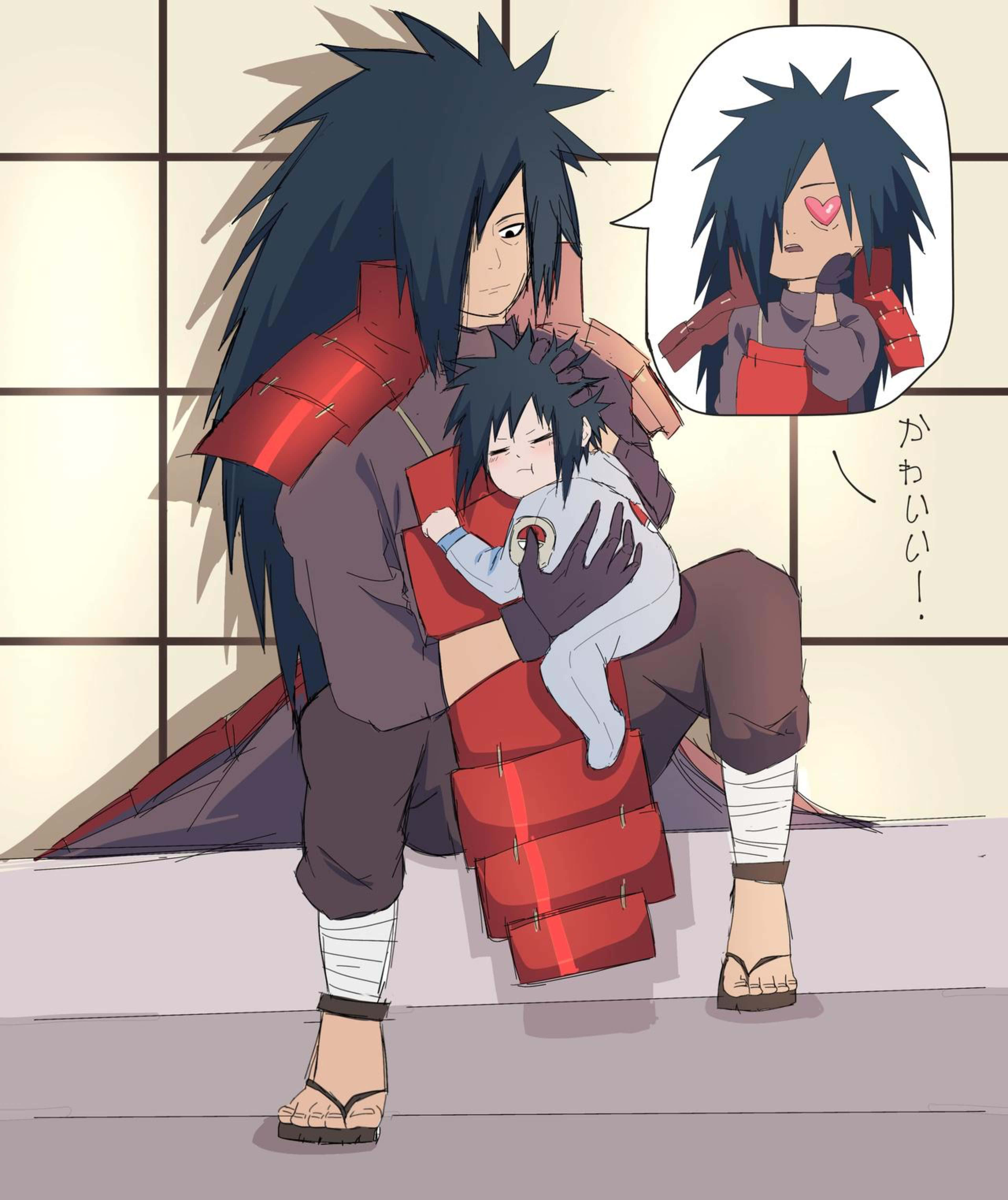 Izuna Uchiha 桌布 壁紙 — 一個刺蝟頭的動畫男人穿著紅色盔甲抱著一個睡著的嬰兒，而一個對話氣泡顯示他臉紅並稱孩子可愛。
