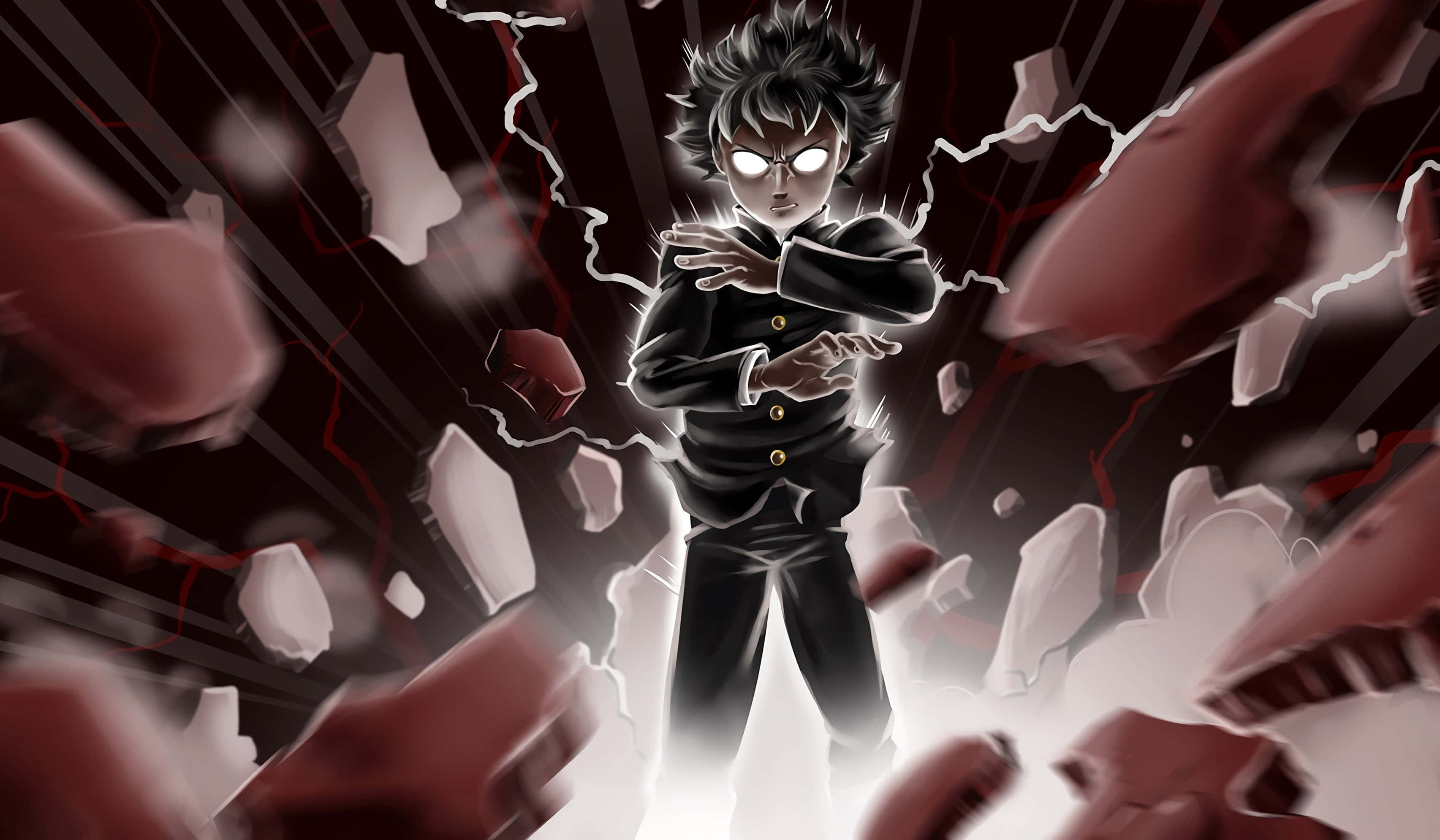 Mob Psycho 桌布 壁紙 — 一個刺蝟頭的黑制服動漫男孩，站在破碎的紅色和白色碎片中，眼睛發出白光，能量噼啪作響。