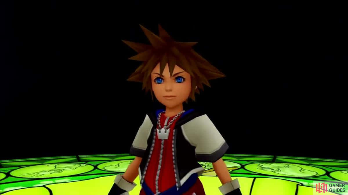 Kingdom Hearts Characters 桌布 壁紙 — 一個刺蝟頭藍眼睛的動漫男孩站在發光的綠色平台上，背景為黑色。