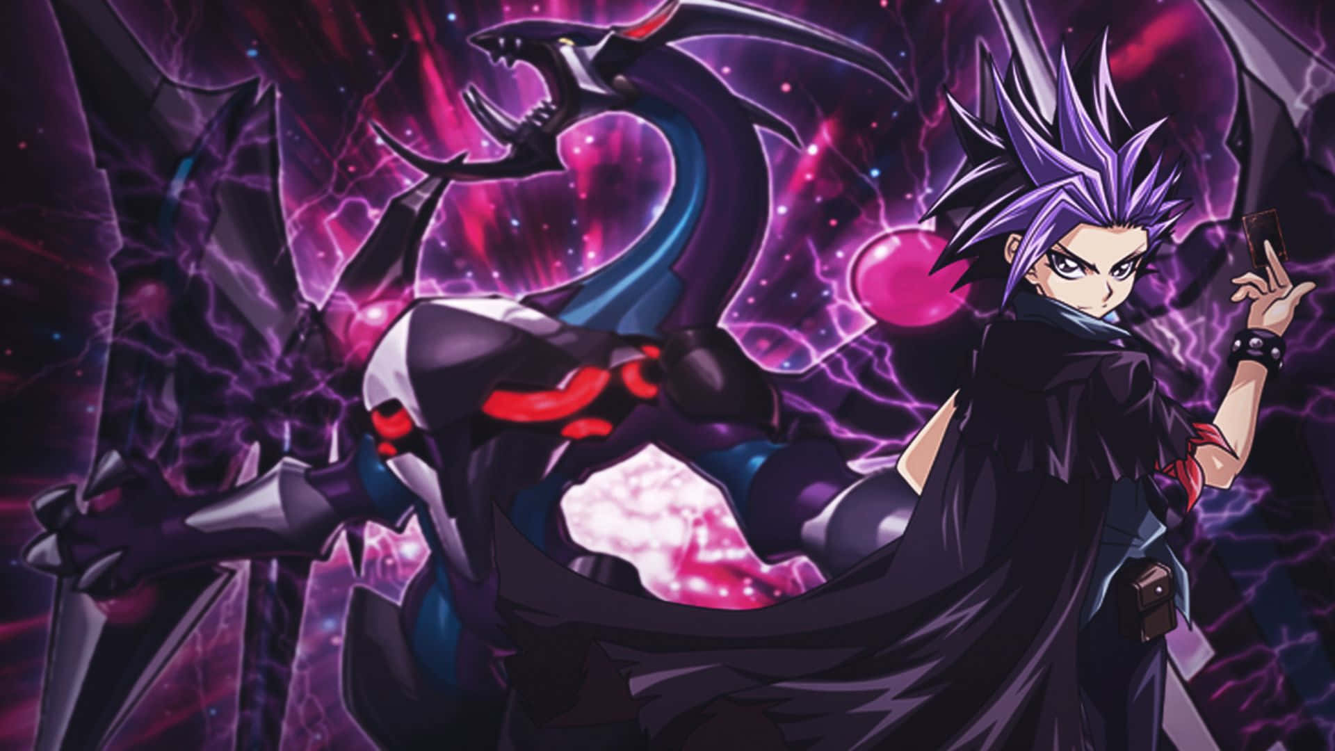Yu-gi-oh Yuto 桌布 壁紙 — 一個刺蝟頭髮的動漫角色揮舞著一張卡牌，而一條眼睛發光的紅眼黑龍在他身後對著宇宙紫色背景咆哮。