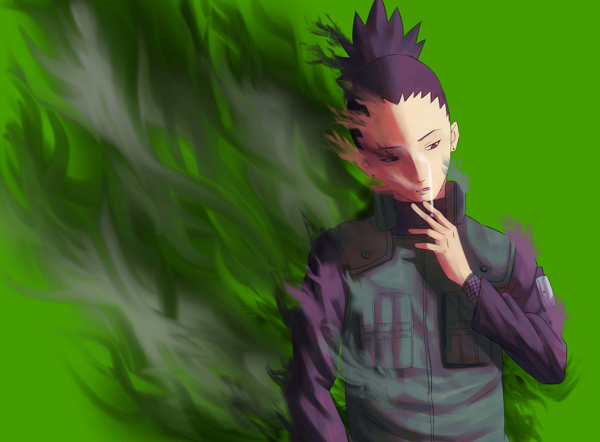 Shikamaru Nara 桌布 壁紙 — 一個刺蝟頭髮的動漫角色穿著紫色外套，在充滿活力的綠色背景中抽煙，煙霧旋轉。
