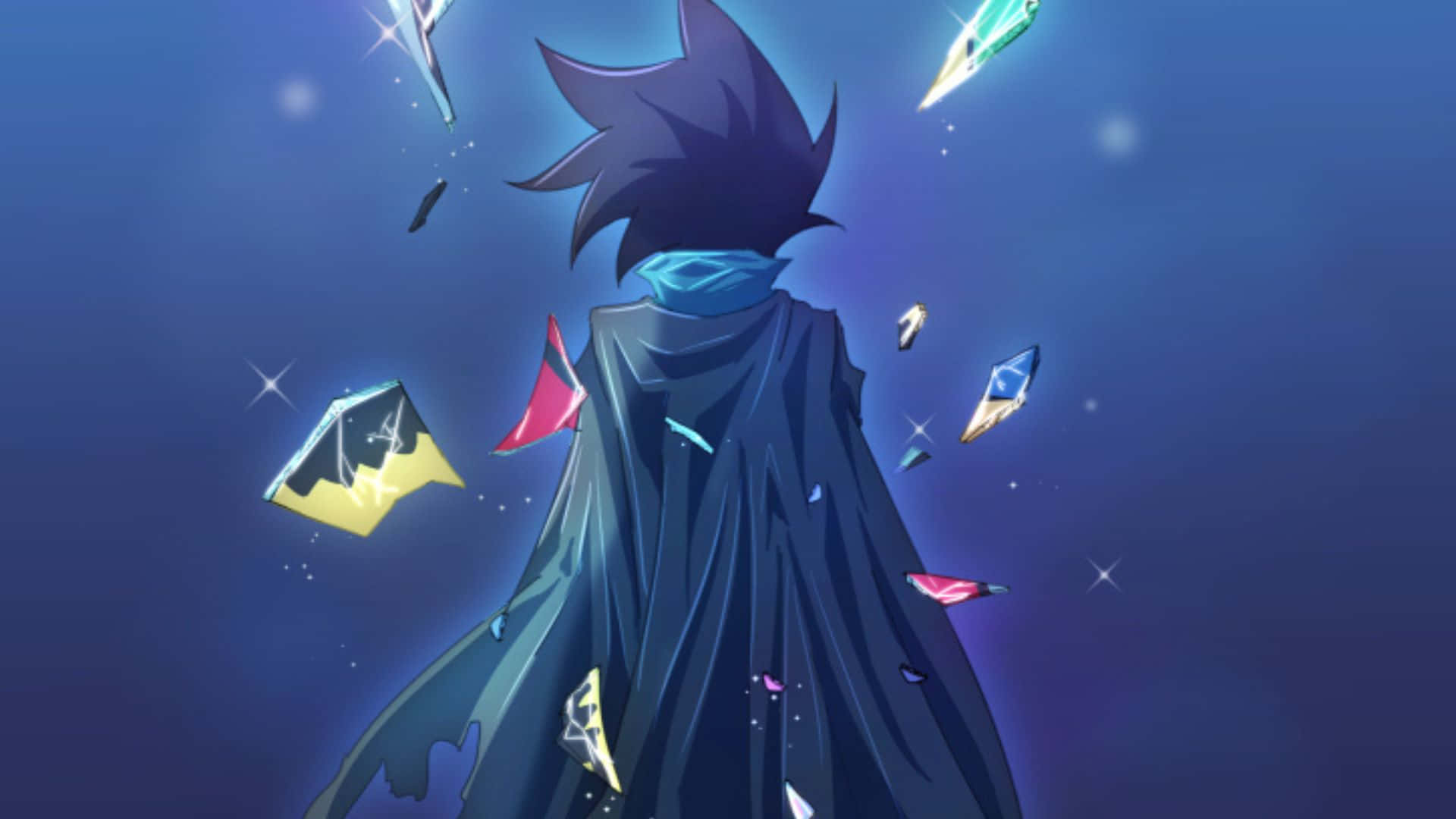 Yu-gi-oh Yuto 桌布 壁紙 — 一個刺蝟頭髮的動漫角色身穿黑色斗篷，背襯繁星點點的藍色天空，周圍漂浮著彩色碎片。