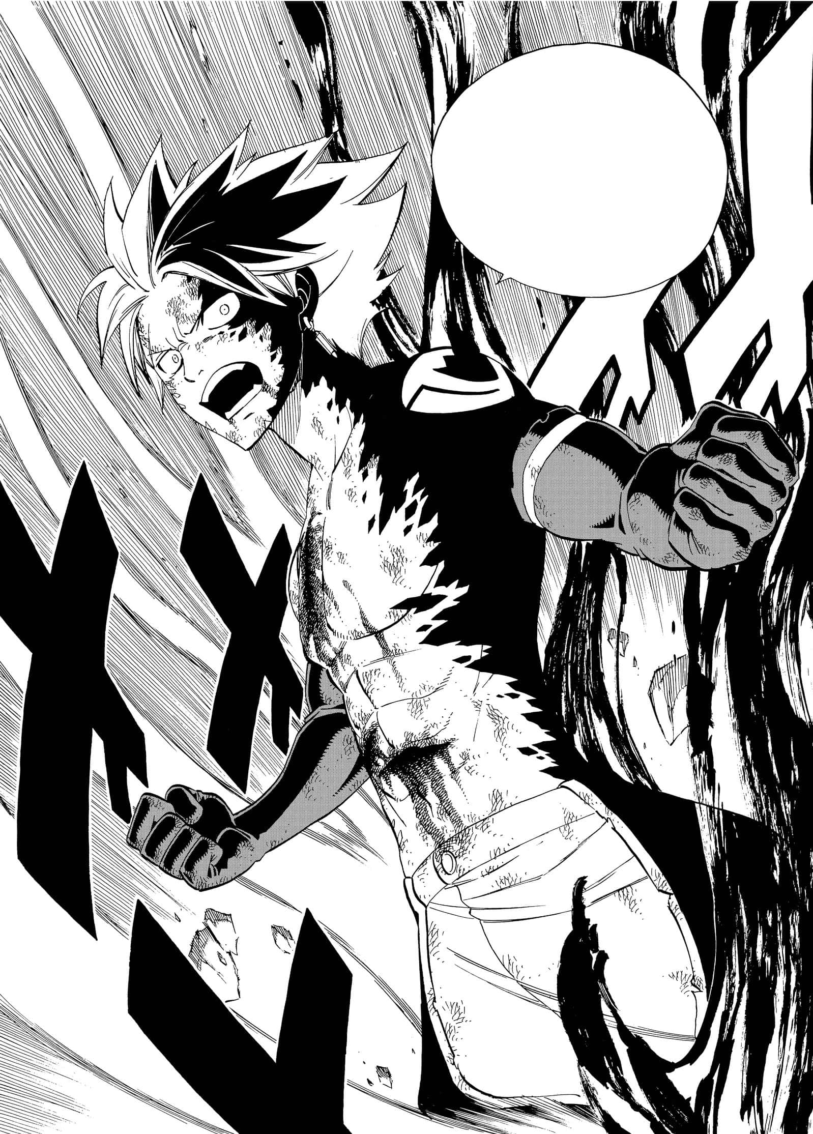 Sting Eucliffe 桌布 壁紙 — 一個刺蝟頭髮的漫畫風格動漫角色，在動態的黑白背景下握緊拳頭，發出激烈的咆哮。