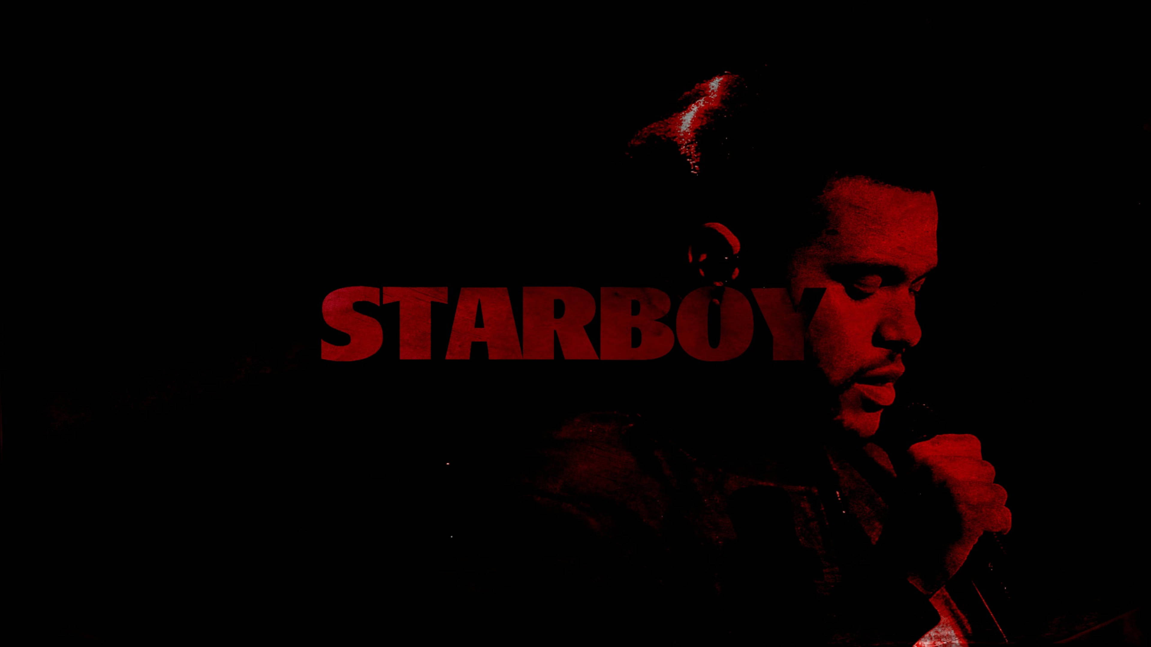 The Weeknd Starboy 壁紙 — 一個剪影中的男人沐浴在紅光中，STARBOY 這個詞在他的臉上發光，背景是黑色。