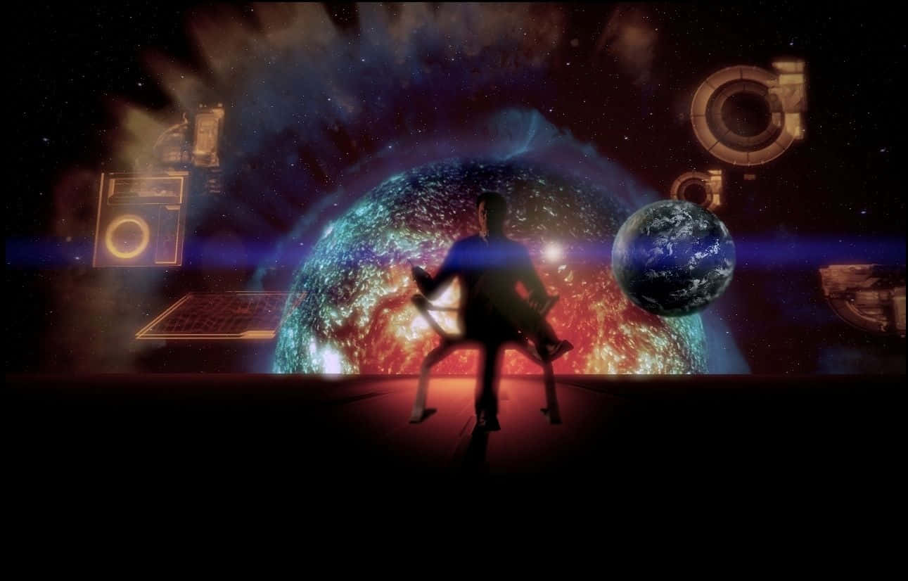 Illusive Man 桌布 壁紙 — 一個剪影人物在發光的宇宙星雲前跳舞，周圍漂浮著未來主義的UI元素和一顆行星。