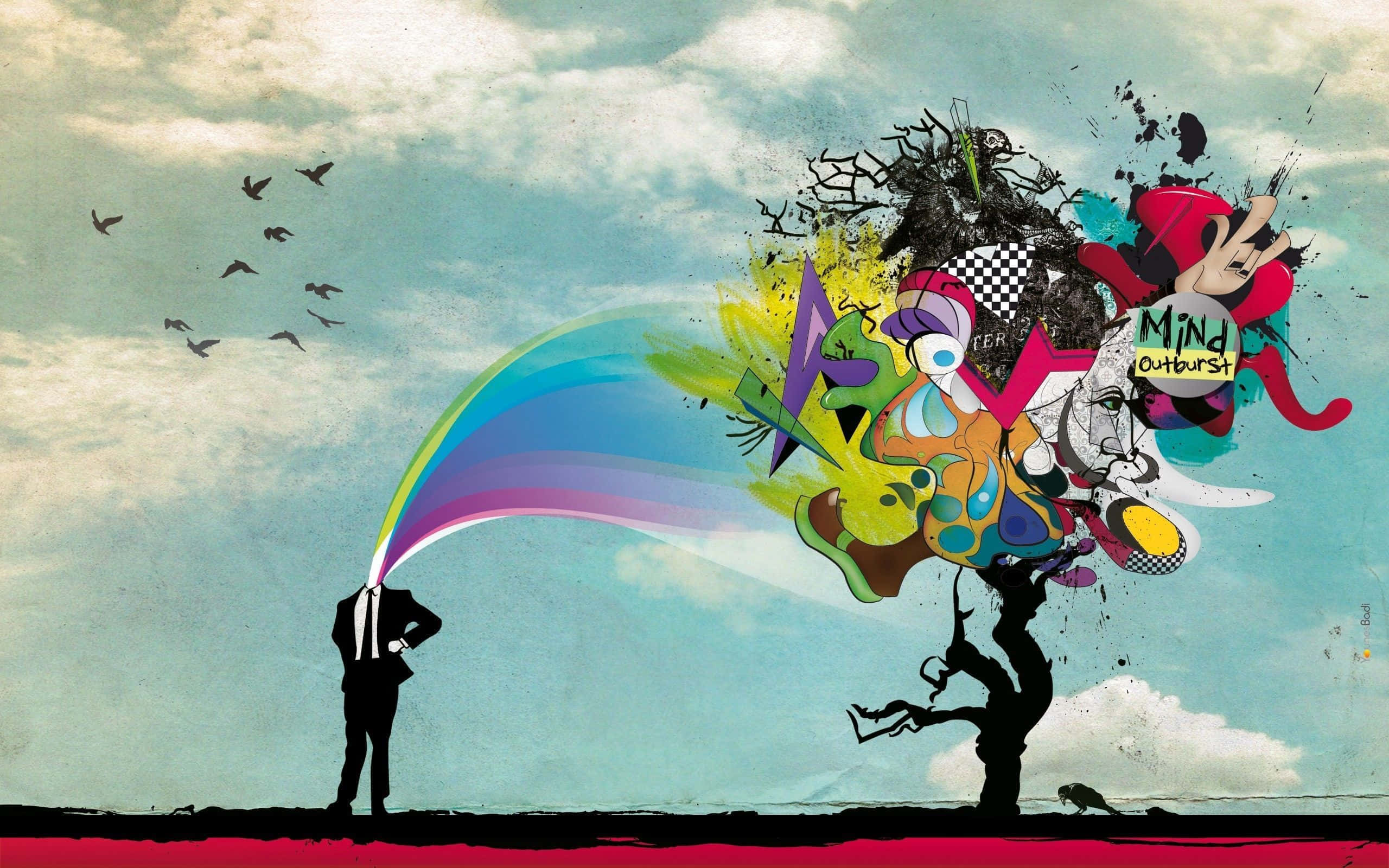 Imaginative 桌布 壁紙 — 一個剪影人物發出一條充滿活力的彩虹流，在鳥兒飛翔的多雲天空中爆發成混亂多彩的符號。
