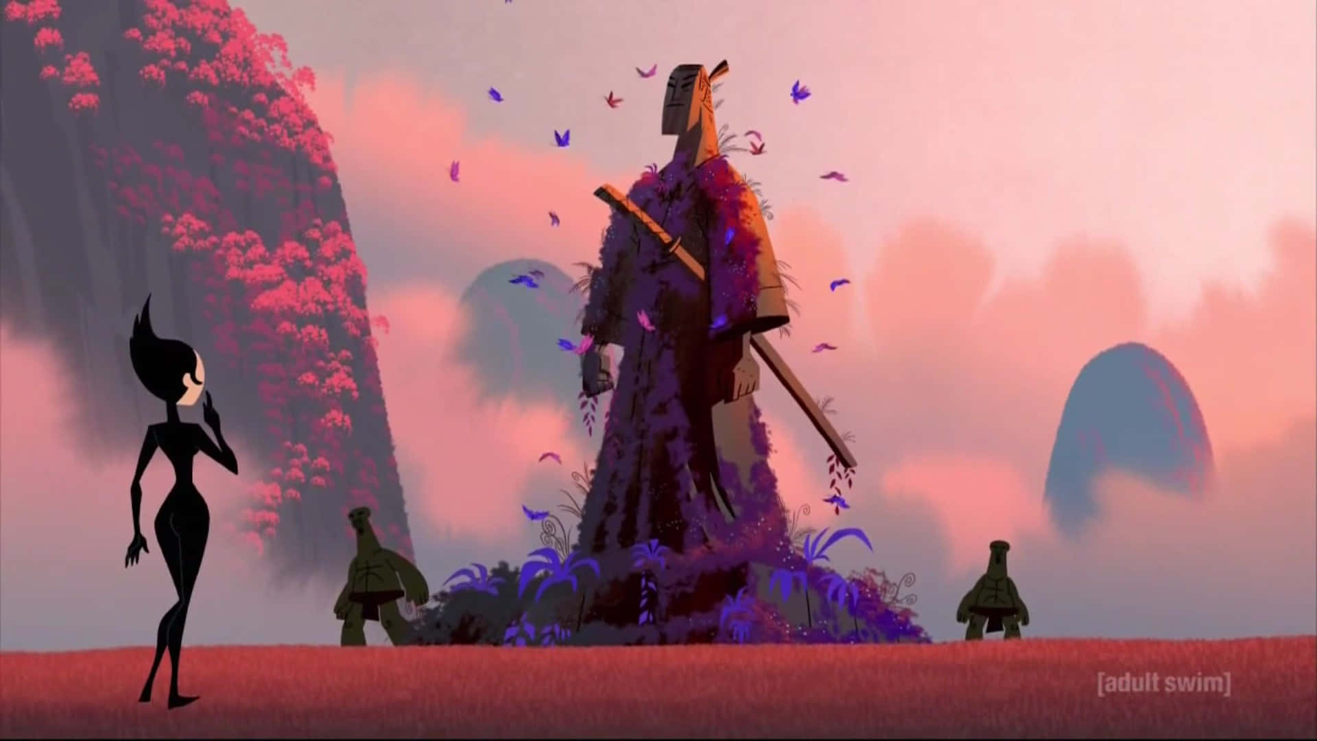 samurai jack 桌布 壁紙 — 一個剪影人物站在一座高聳、長滿青苔的戰士雕像前，背景是粉紅色的暮色天空，蝴蝶飄浮。