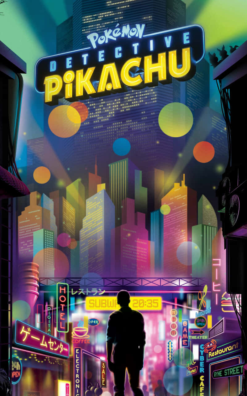 Pokemon Movies 桌布 壁紙 — 一個剪影人物站在霓虹燈閃爍的城市景觀前，色彩繽紛的招牌和漂浮的球體在充滿活力的夜空下閃耀。