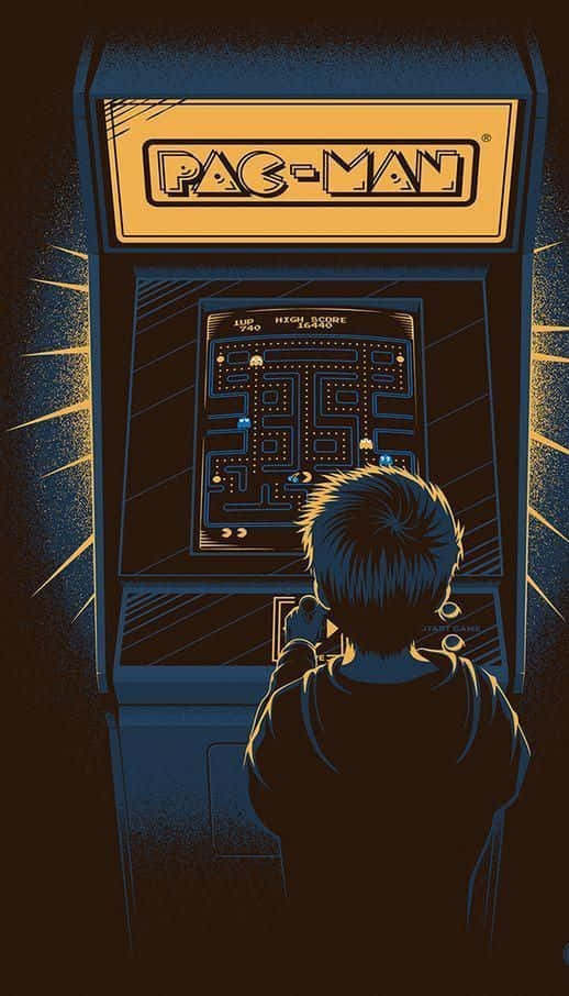 Gaming Art 桌布 壁紙 — 一個剪影小孩在戲劇性的金色光線下玩復古街機食鬼遊戲。
