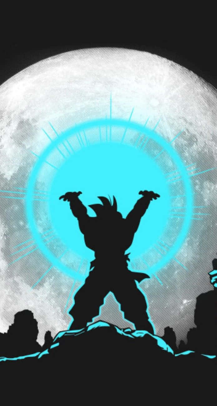 Goku's Spirit Bomb Sword 桌布 壁紙 — 一個剪影戰士站在懸崖頂上，對著巨大的月亮背景釋放出發光的藍色能量爆炸。