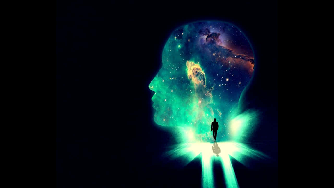 靈魂 桌布 壁紙 — 一個剪影走向一個充滿鮮豔宇宙星雲的發光頭部，背景是黑暗虛空。