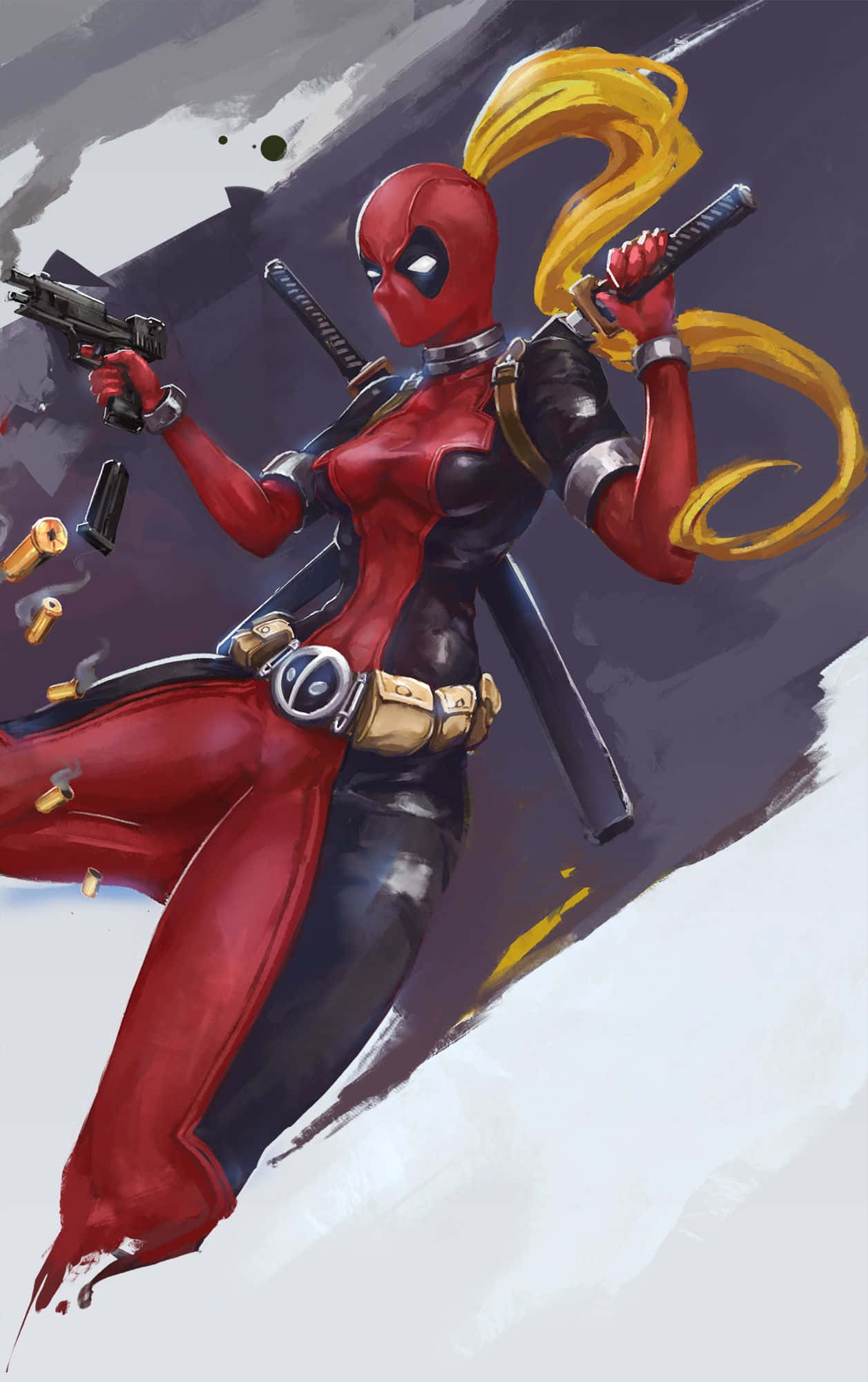 Deadpool And Lady Deadpool 桌布 壁紙 — 一個動感十足的動漫風格女死侍，黃色雙馬尾，在煙灰色背景前揮舞著槍和武士刀。