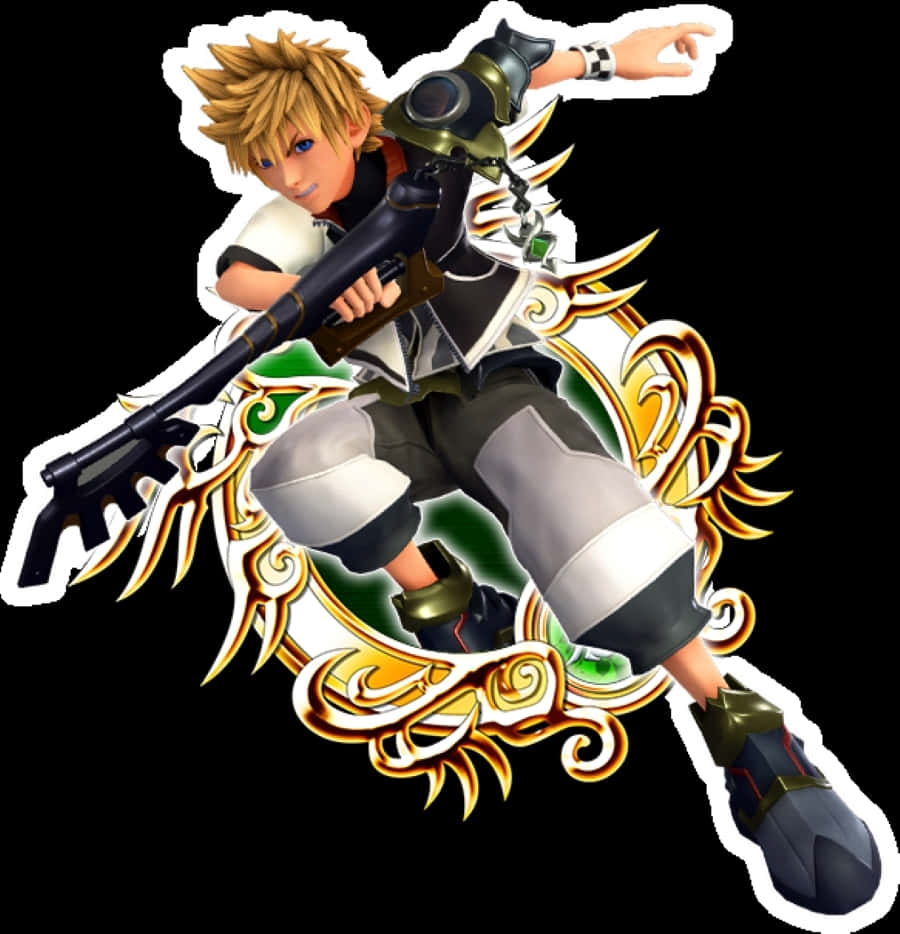 Kingdom Hearts Ventus 桌布 壁紙 — 一個動感十足的動漫風格男孩，擁有尖刺金髮，在帶有華麗金色漩渦的黑色背景上揮舞著一把鑰匙形狀的武器。
