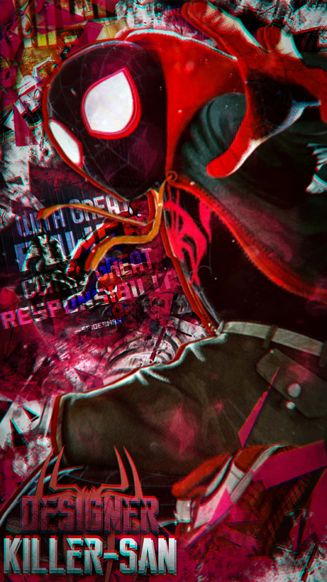 Miles Morales 動漫 桌布 壁紙 — 一個動感十足的動漫風格蜘蛛俠，身穿紅黑戰衣，眼睛發光，帶有故障效果，背景是混亂的塗鴉。