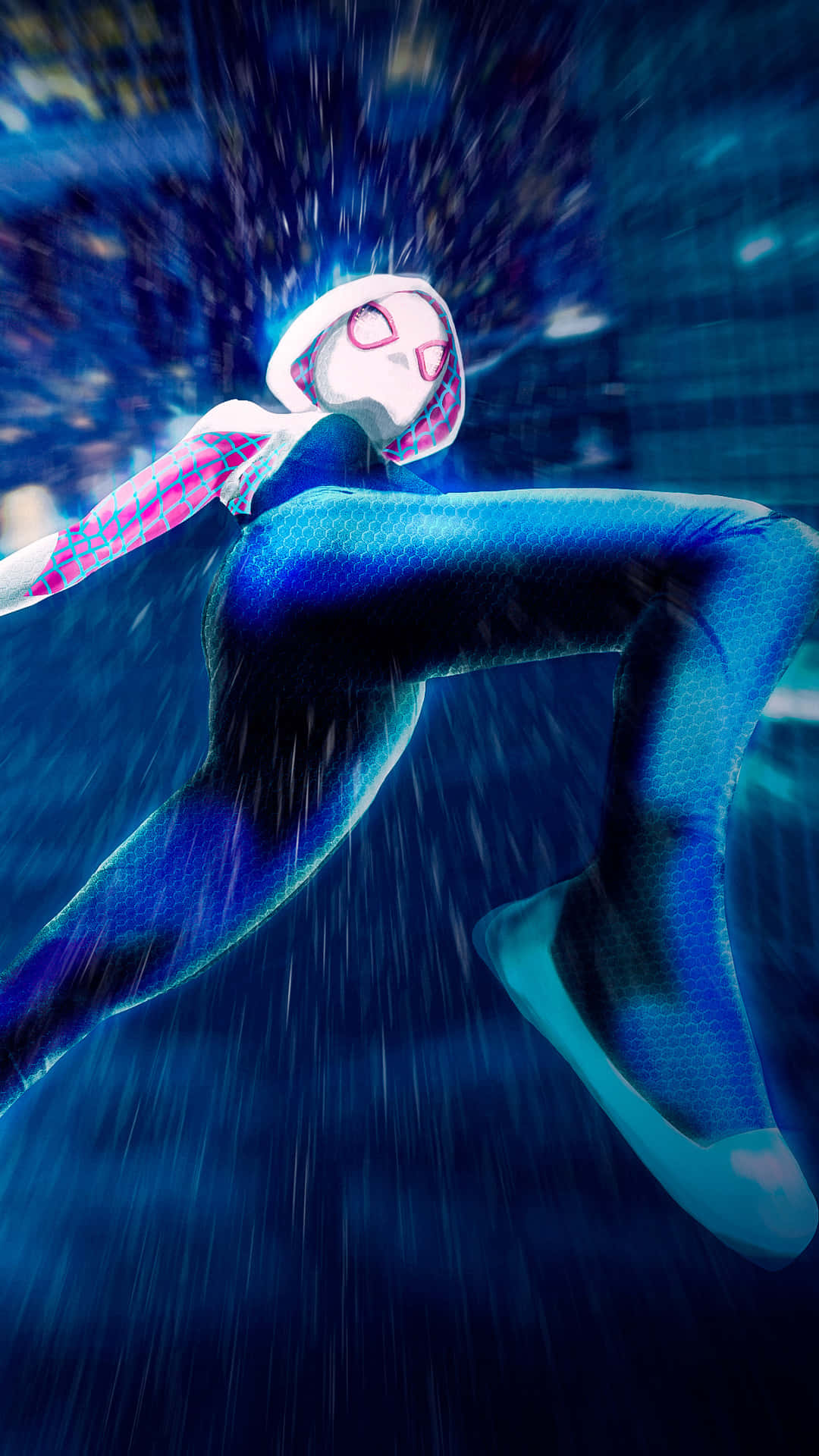 Gwen Stacy 桌布 壁紙 — 一個動感十足的動畫風格蜘蛛格溫，帶著動態模糊和發光的藍色色調，跳躍穿過被雨水浸透的城市景觀。