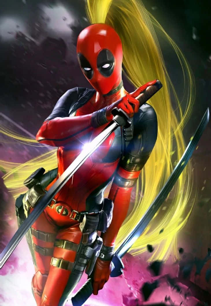 Lady Deadpool 桌布 壁紙 — 一個動感十足的女性死侍，飄逸的黃色頭髮，在紫色和黑色的宇宙背景下揮舞著兩把劍。