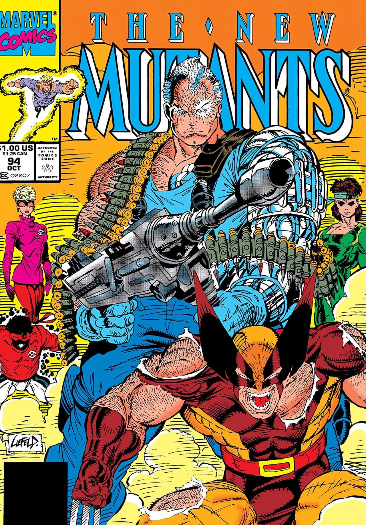 Mutants 桌布 壁紙 — 一個動感十足的漫畫封面， featuring 身穿紅黃色服裝的金剛狼，面對一個肌肉發達、藍色皮膚、手持大型槍械的變種人，周圍有其他英雄，背景是鮮明的橙色。