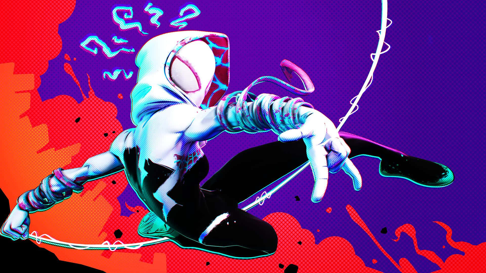 Gwen Stacy 桌布 壁紙 — 一個動感漫畫風格的蜘蛛格溫跳過充滿活力的霓虹城市景觀，帶有電光藍色的蛛網和火紅橙色的爆炸。