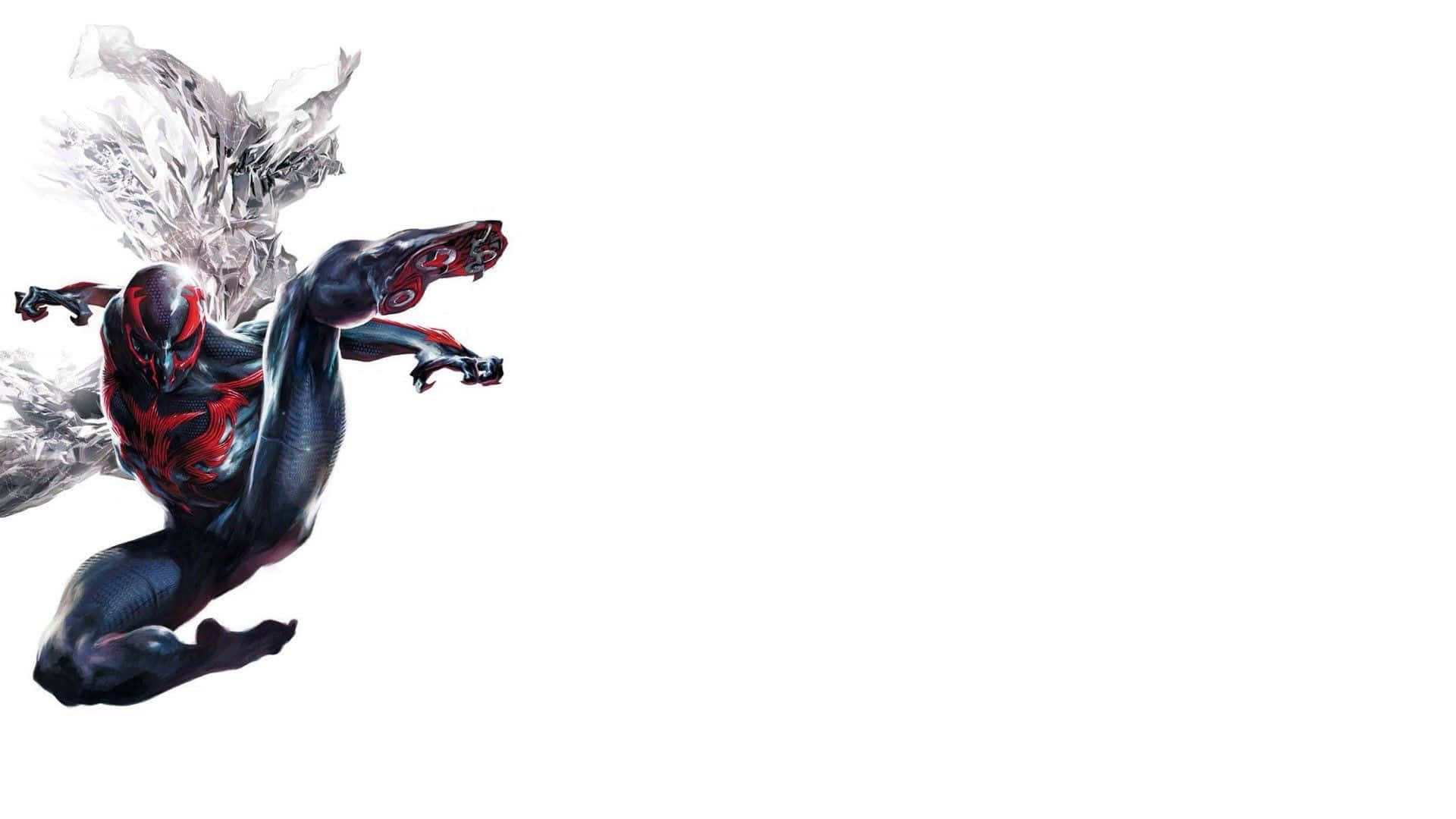 Spider Man 2099 桌布 壁紙 — 一個動感的黑紅色蜘蛛俠向前躍進，背後展開水晶翅膀，背景為純白色。