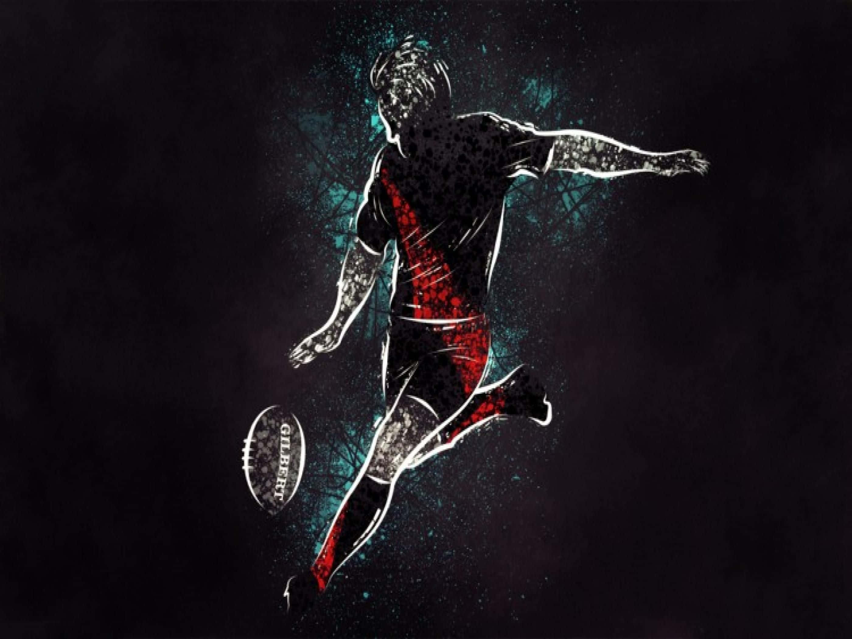 Rugby 桌布 壁紙 — 一個動態剪影，展示一名欖球運動員正在踢球，並帶有紅色和藍綠色的潑濺效果，背景為深色。