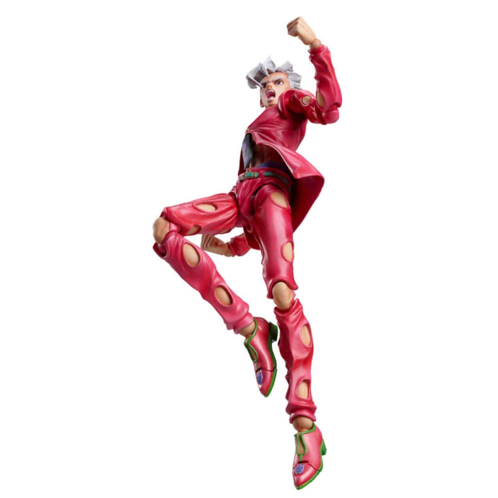 Pannacotta Fugo 桌布 壁紙 — 一個動態動漫公仔，銀髮角色穿著破爛紅色服裝，在純白背景中跳躍。