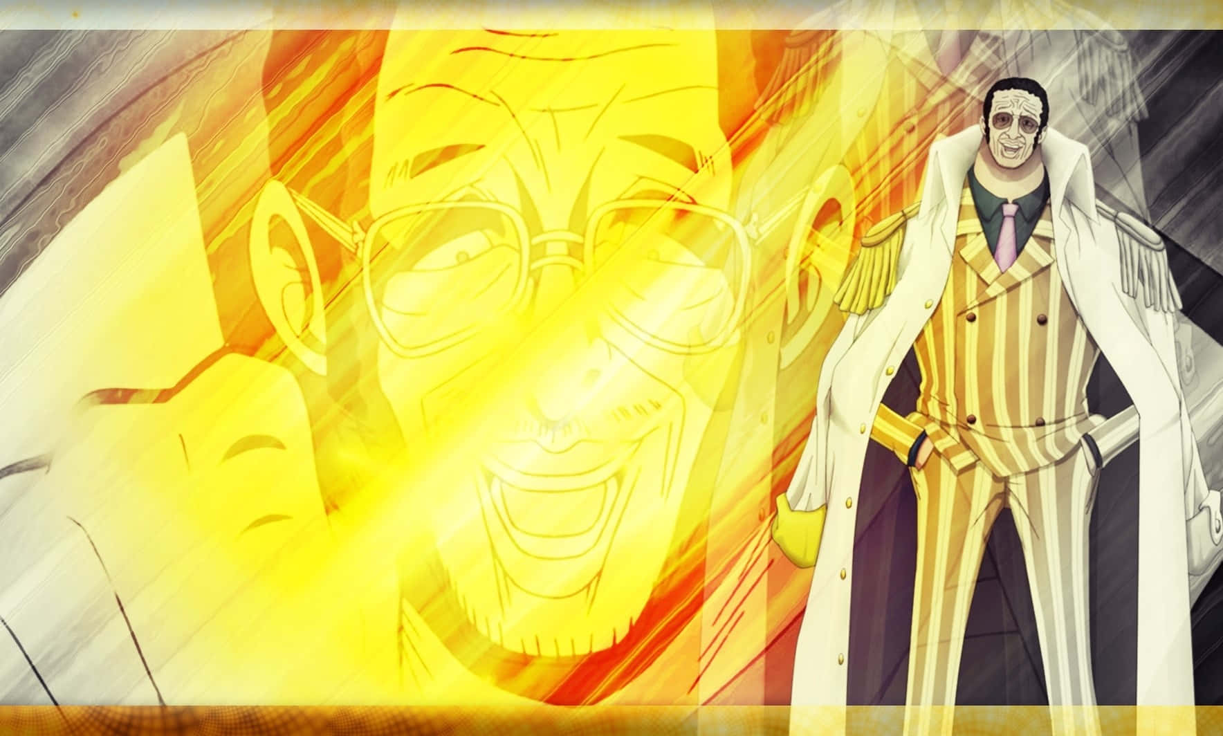 Kizaru 桌布 壁紙 — 一個動態動漫場景，一名身穿條紋西裝的男子站在一個戴眼鏡的發光黃色面孔旁邊。