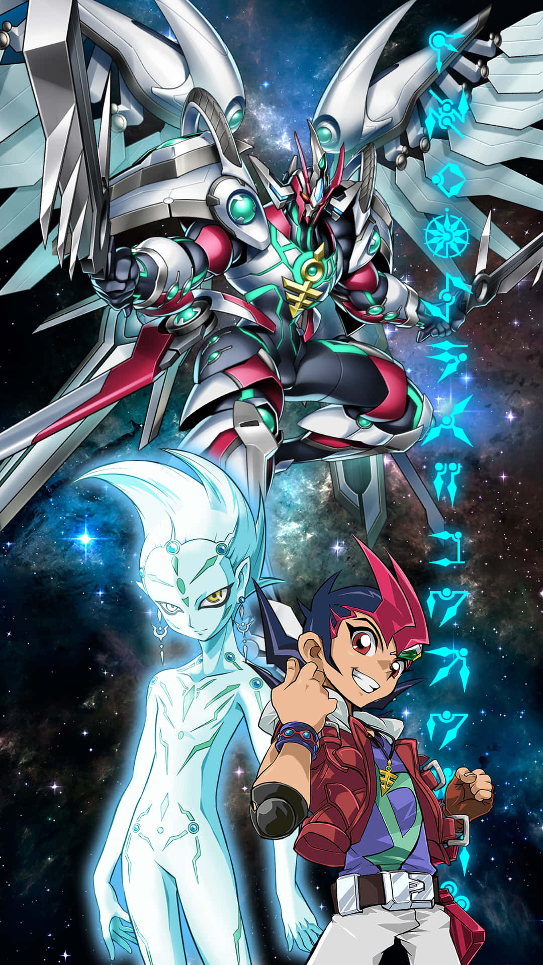 Yu-gi-oh Astral 桌布 壁紙 — 一個動態動漫場景，描繪一個男孩、一個發光的外星人和一隻巨大的機械龍，背景是繁星點點的宇宙。