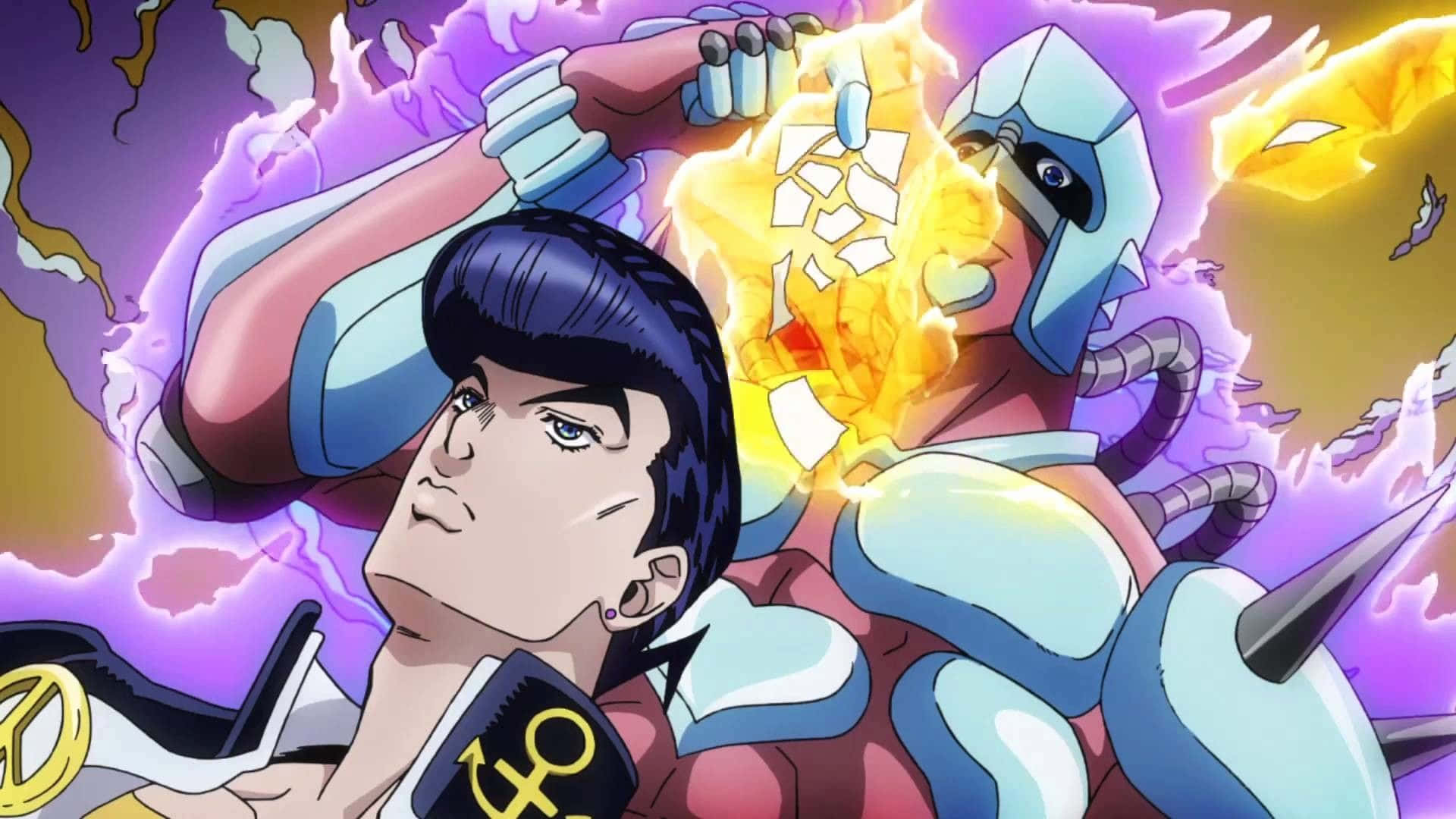 Diamond Is Unbreakable 桌布 壁紙 — 一個動態動漫場景，描繪一名黑髮年輕男子手持卡片，而一個機械人角色在充滿活力的紫色和黃色背景中釋放火焰能量。