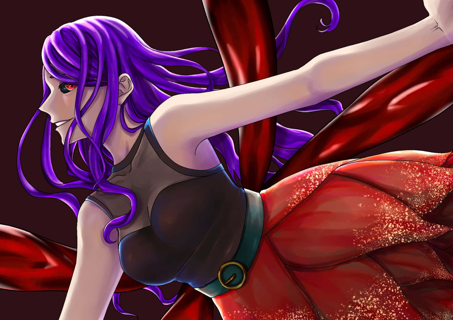 Rize Kamishiro 桌布 壁紙 — 一個動態動漫女孩，擁有飄逸的紫色頭髮和紅色連衣裙，在黑暗背景下擺出強有力的姿勢。