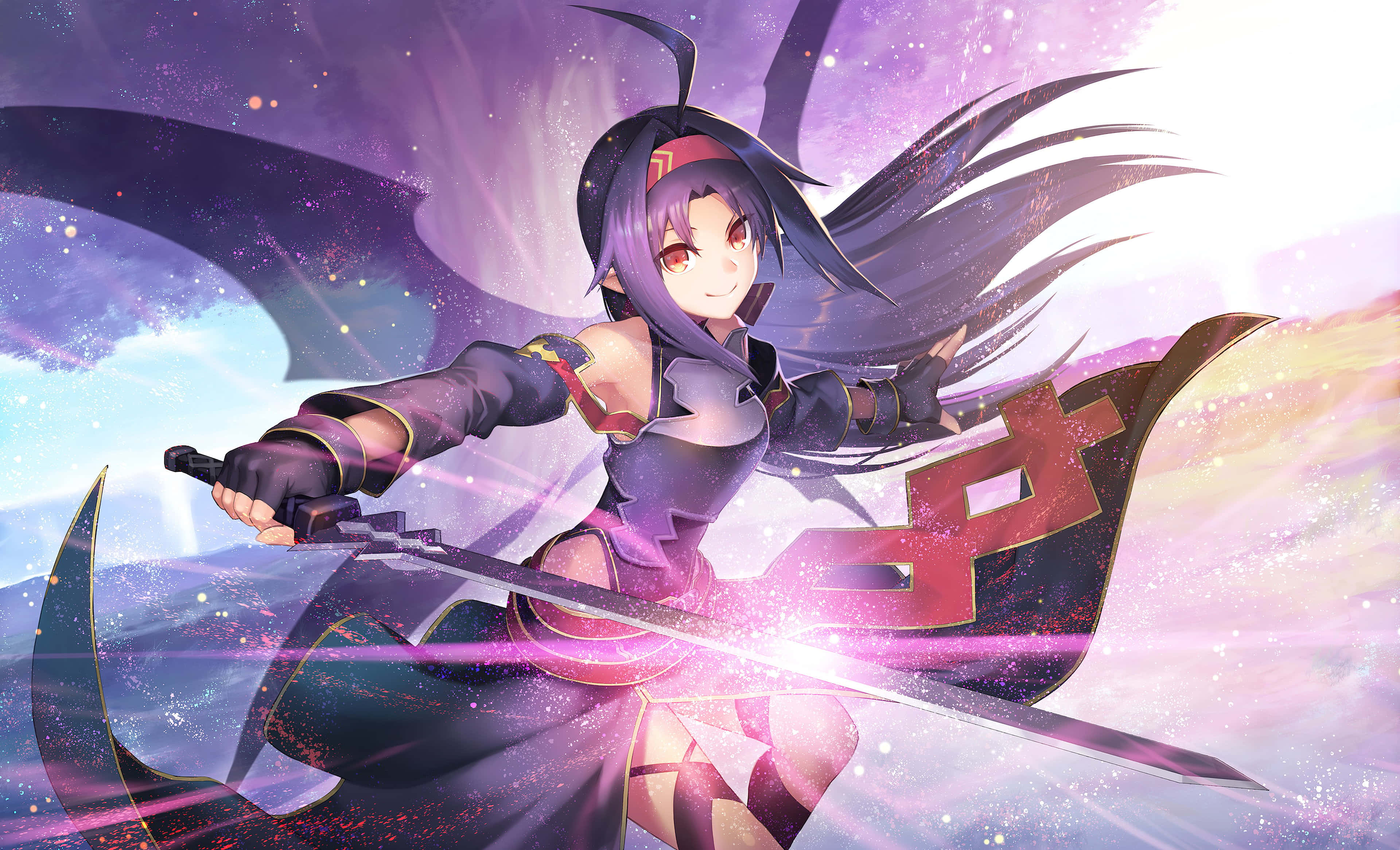 Yuuki Konno 桌布 壁紙 — 一個動態動漫女孩，紫色頭髮，在宇宙星空背景下揮舞著發光的劍。