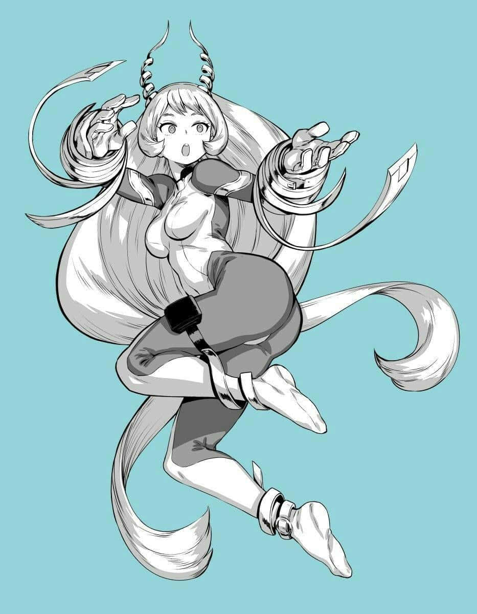 Nejire Hado 桌布 壁紙 — 一個動態動漫女孩，頭上有角，有尾巴，在淺藍色背景上半空中跳躍，周圍環繞著旋轉的能量刀片。