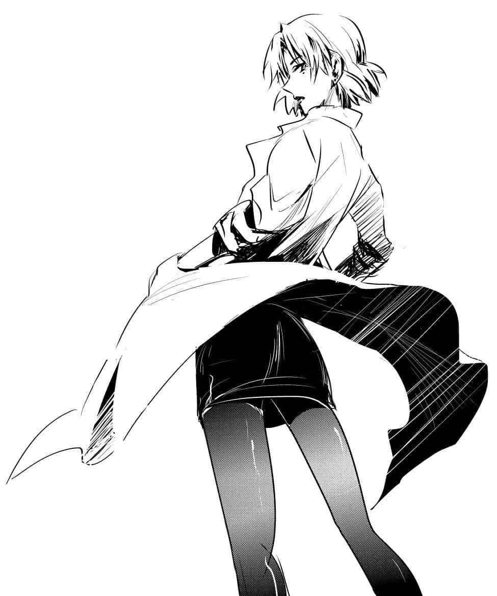 Ritsuko Akagi 桌布 壁紙 — 一個動態動漫女孩穿著飄逸外套和短褲，在純白背景前自信地微笑擺姿勢。