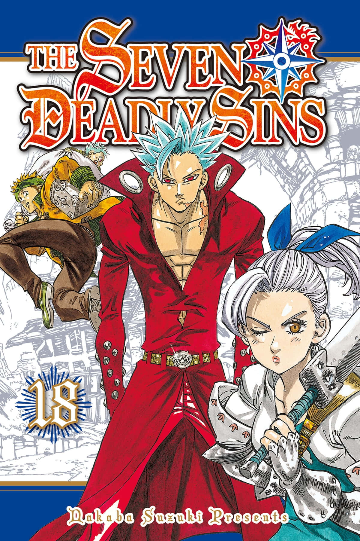 The Seven Deadly Sins 桌布 壁紙 — 一個動態動漫封面，描繪三名身穿大膽紅色和銀色盔甲的戰士，背景是風格化的城堡。