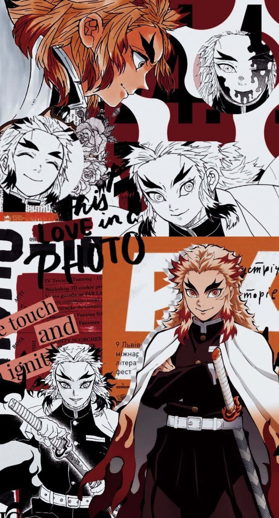 Rengoku Aesthetic 桌布 壁紙 — 一個動態動漫拼貼畫，以多個角色為特色，擁有火熱的頭髮和強烈的表情，背景為大膽的紅色和白色。