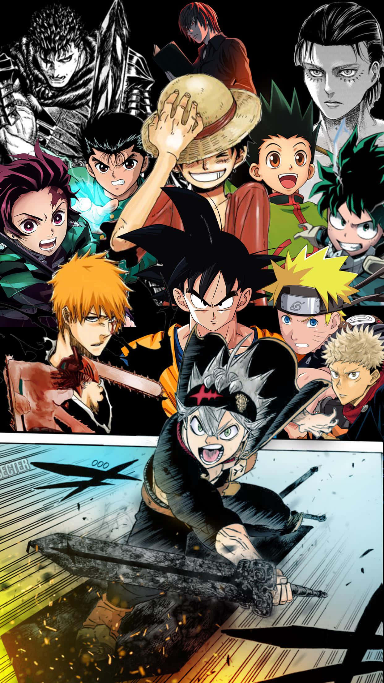 Manga Characters 桌布 壁紙 — 一個動態動漫拼貼畫，以路飛、悟空和鳴人等標誌性角色在黑暗背景下擺出充滿動作的姿勢。