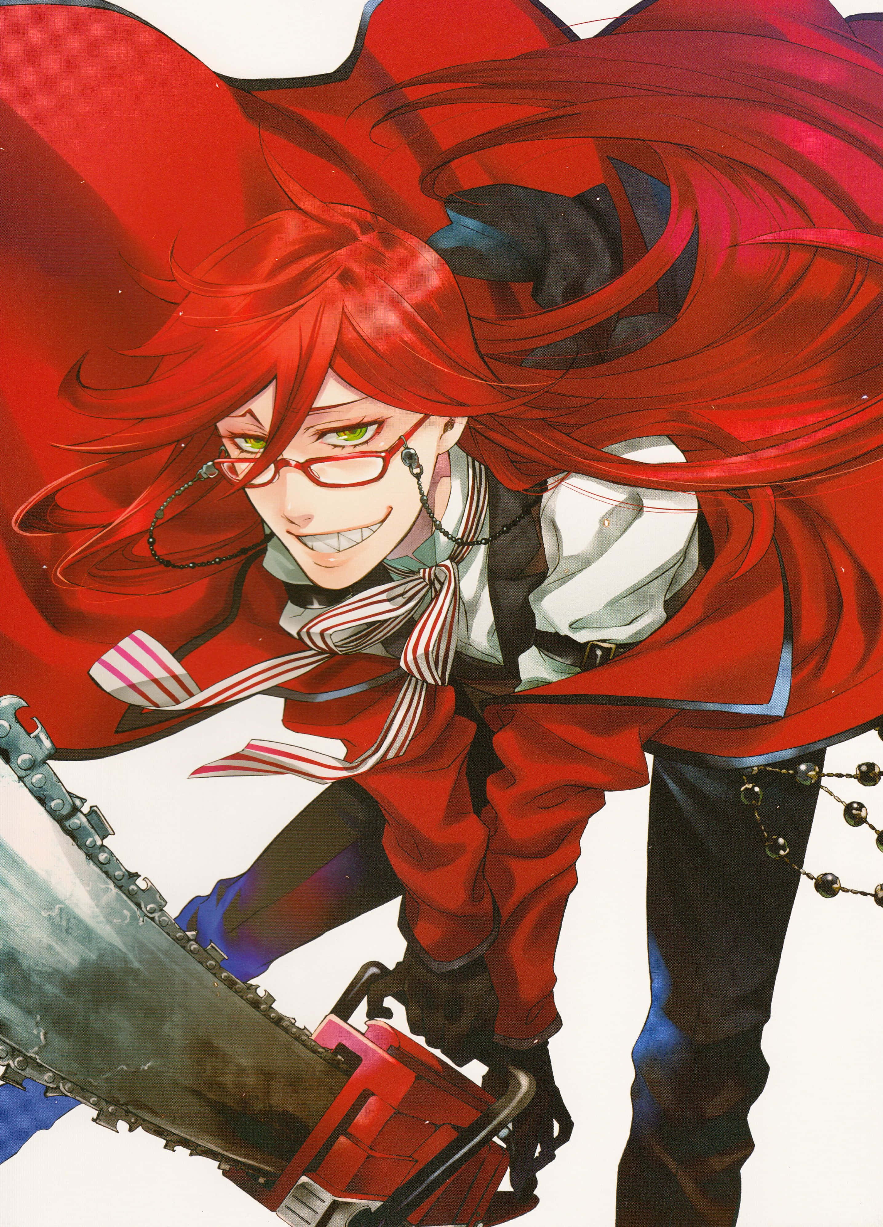 Grell Sutcliff 桌布 壁紙 — 一個動態動漫角色，擁有飄逸的紅髮和眼鏡，在純白背景上揮舞著電鋸。
