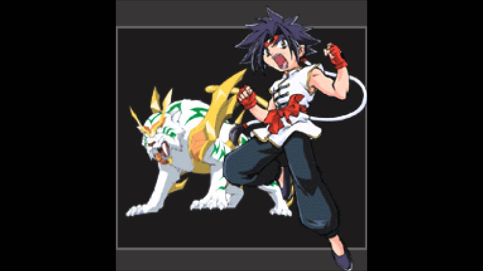 Beyblade 桌布 壁紙 — 一個動態動漫角色，有著尖刺頭髮和一隻白色老虎般的生物，在黑暗背景前擺出動作姿勢。