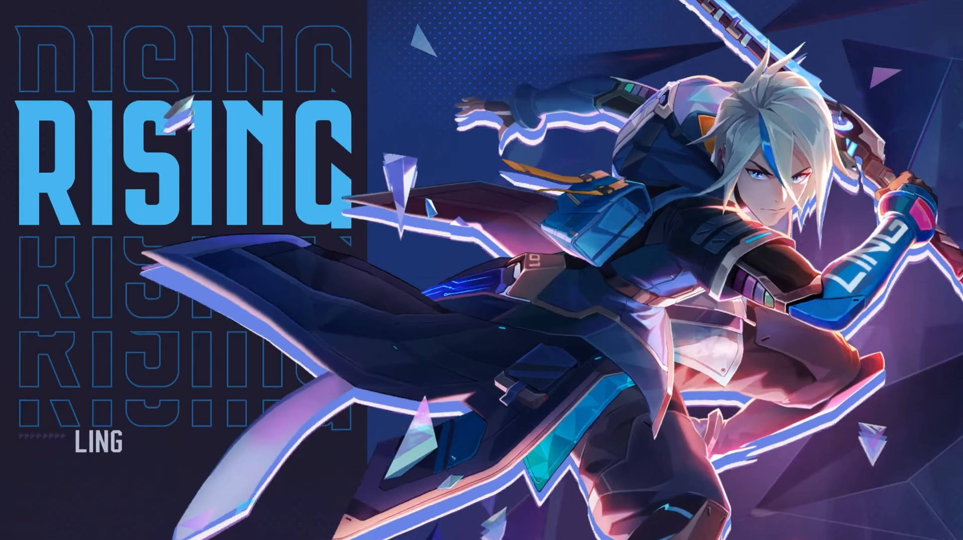 Mobile Legends 桌布 壁紙 — 一個動態動漫角色，白髮和發光的藍色盔甲，在帶有霓虹文字的深色幾何背景上向前跳躍。