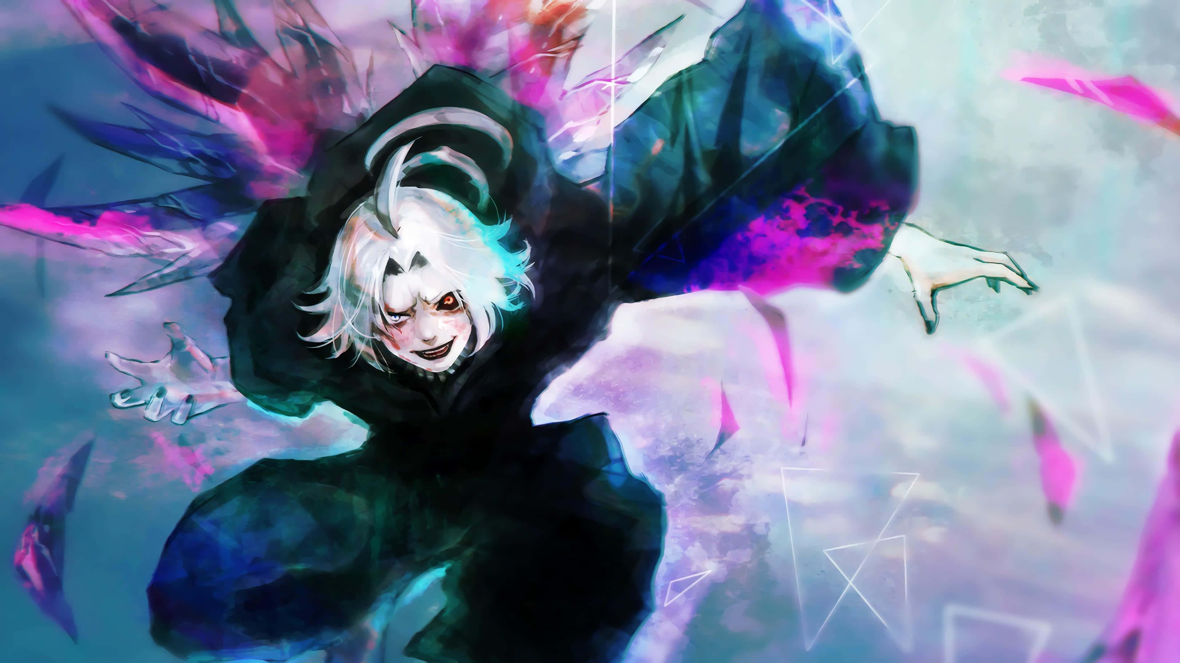 Seidou Takizawa 桌布 壁紙 — 一個動態動漫角色，白髮閃爍眼睛，在風格化的數碼戰鬥場景中釋放出紫色能量爆發。