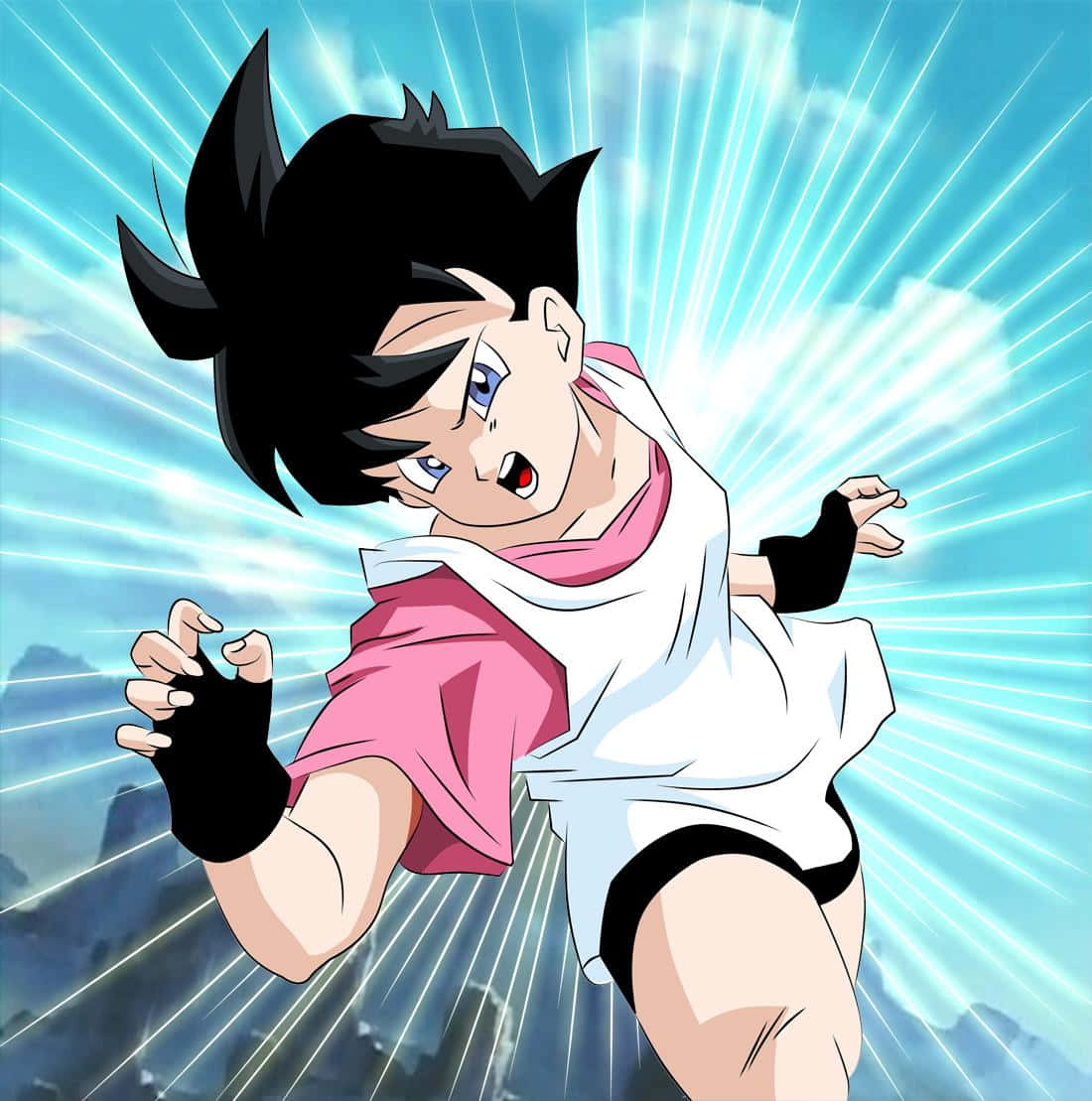 Videl 桌布 壁紙 — 一個動態動漫角色，黑髮藍眼，在燦爛藍天背景下向前衝刺。