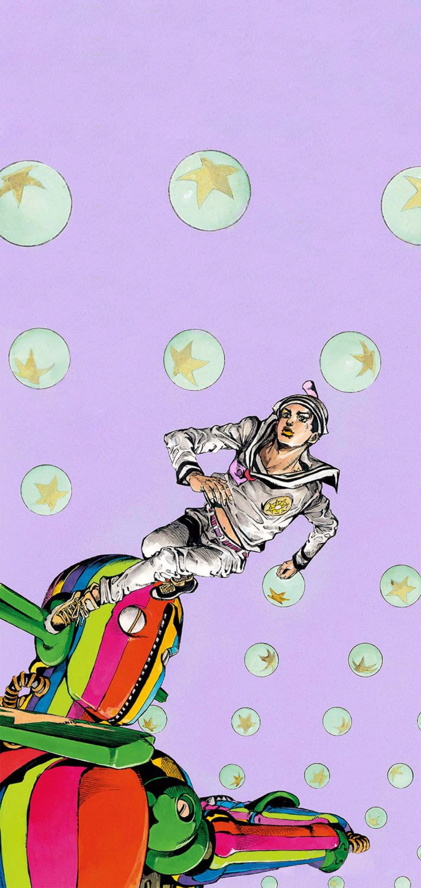 Jojolion 桌布 壁紙 — 一個動態動漫角色穿著水手服，在點綴著星星泡泡的薰衣草色天空背景下，跳上一台彩虹色的機械人。