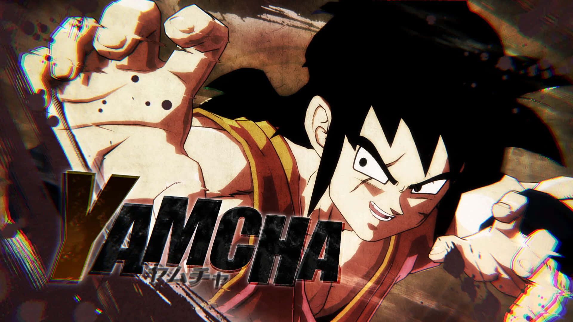 Yamcha 桌布 壁紙 — 一個動態動漫角色雅木茶以戰鬥姿態呈現，表情強烈，並帶有風格化的動態模糊效果。