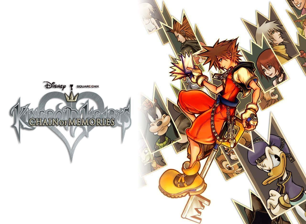 Kingdom Hearts Sora 桌布 壁紙 — 一個動態動漫風格壁紙， featuring 來自《王國之心 記憶之鏈》的索拉，手持鑰刃跳躍，周圍環繞著角色肖像。