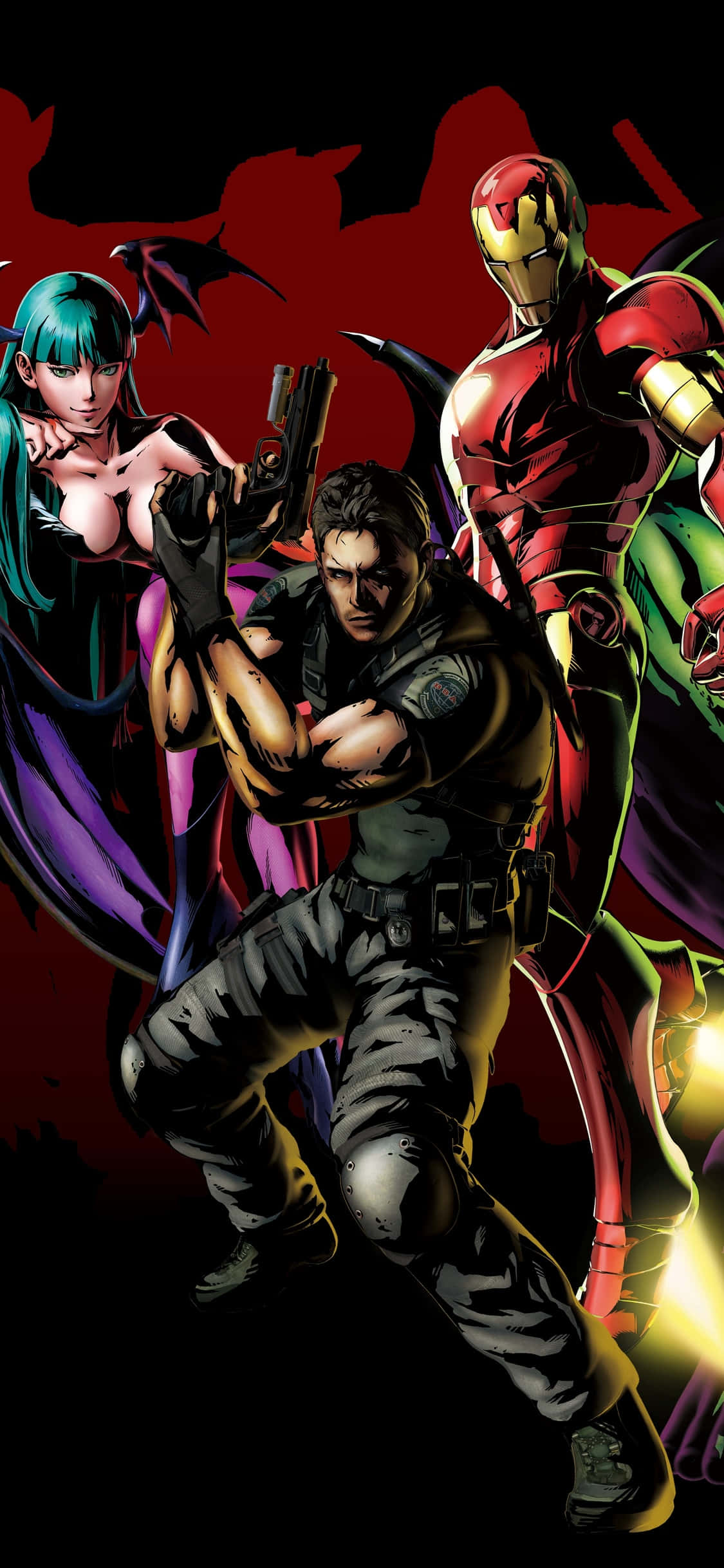 Marvel Vs Capcom Characters 桌布 壁紙 — 一個動態動漫風格插圖，描繪三位超級英雄在深紅色背景上擺出戰鬥姿勢，並帶有蝙蝠剪影。