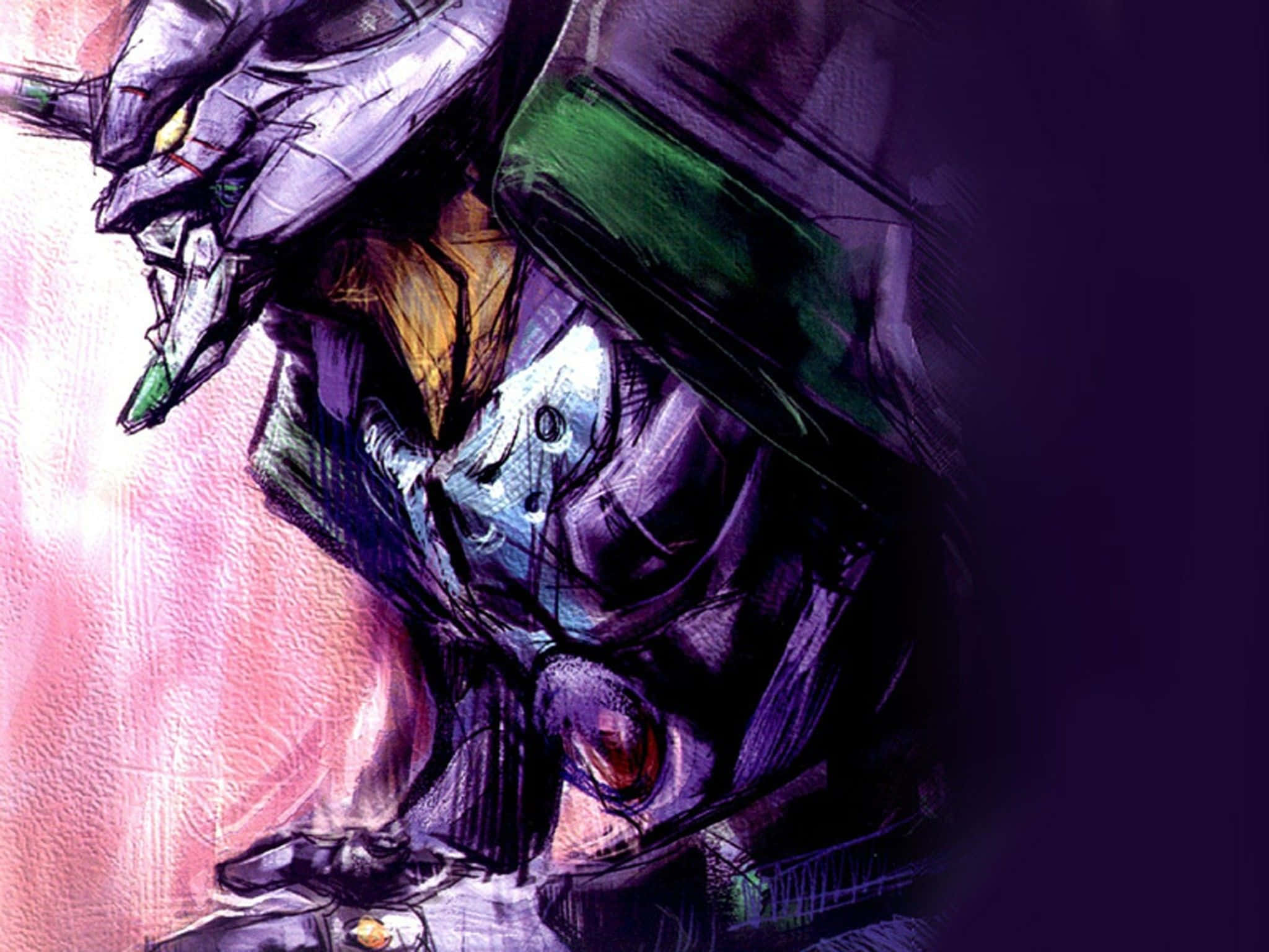 Eva 01 桌布 壁紙 — 一個動態動漫風格機械人，身穿紫色、綠色和金色裝甲，在粉紅色和深紫色背景前擺出戲劇性姿勢。