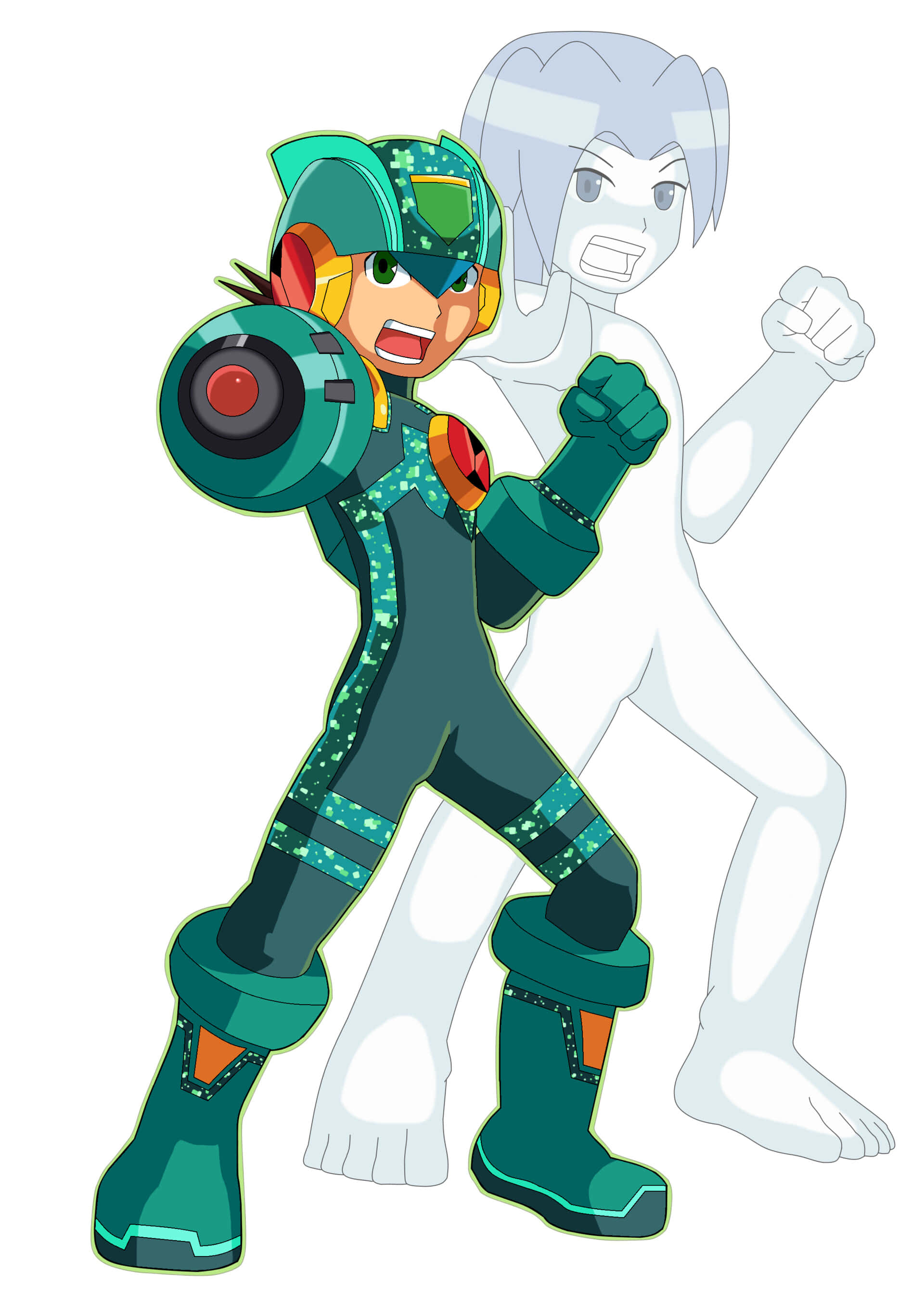 Megaman 桌布 壁紙 — 一個動態動漫風格的Mega Man角色，身穿青綠色盔甲，手持發光的爆裂臂，英雄式地對峙著一個半透明的幽靈般身影。