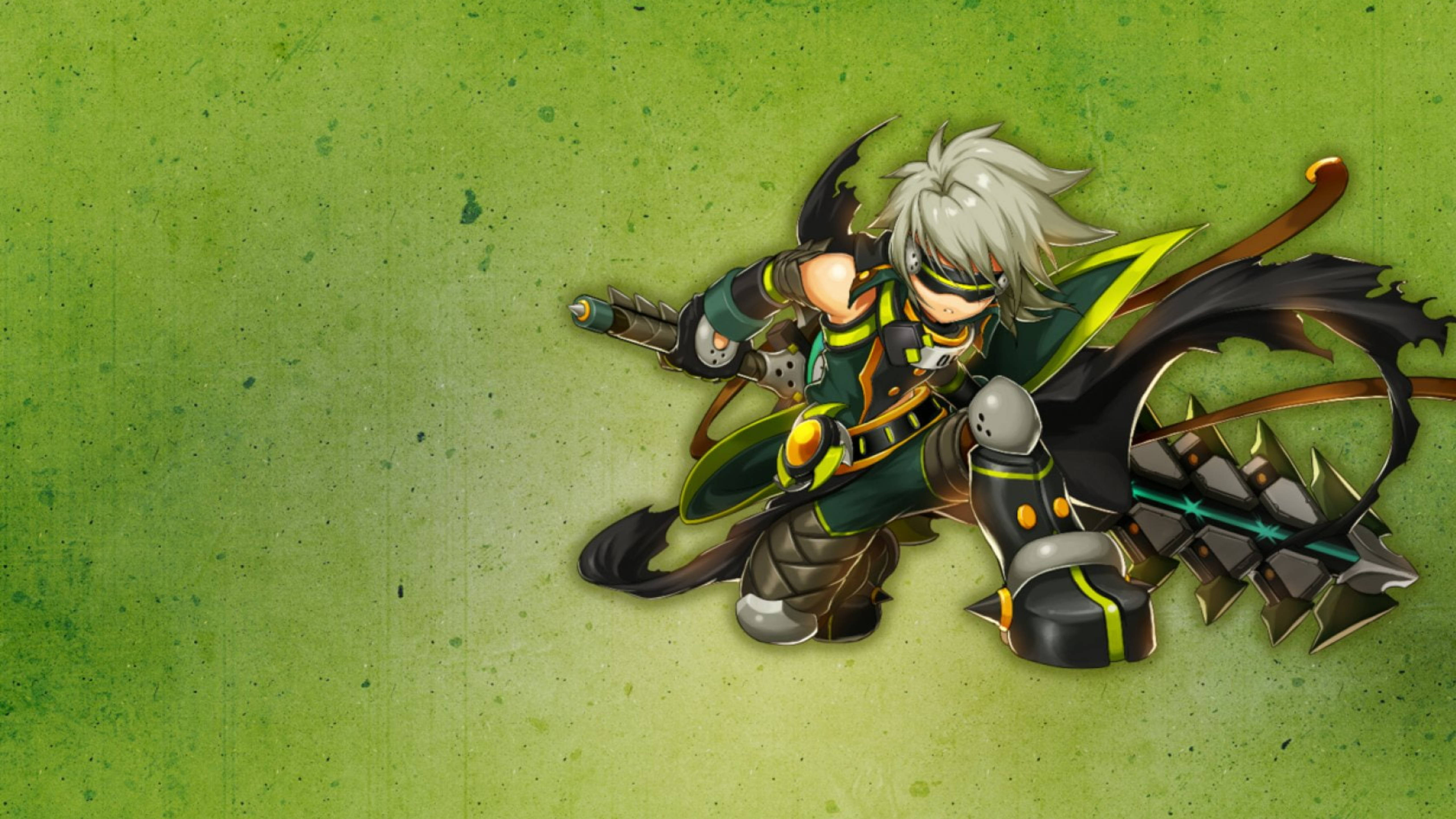 《Grand Chase》Zero Zephyrum 壁紙 — 一個動態動漫風格的戰士，白髮綠甲，蹲伏在紋理綠色背景上準備攻擊。