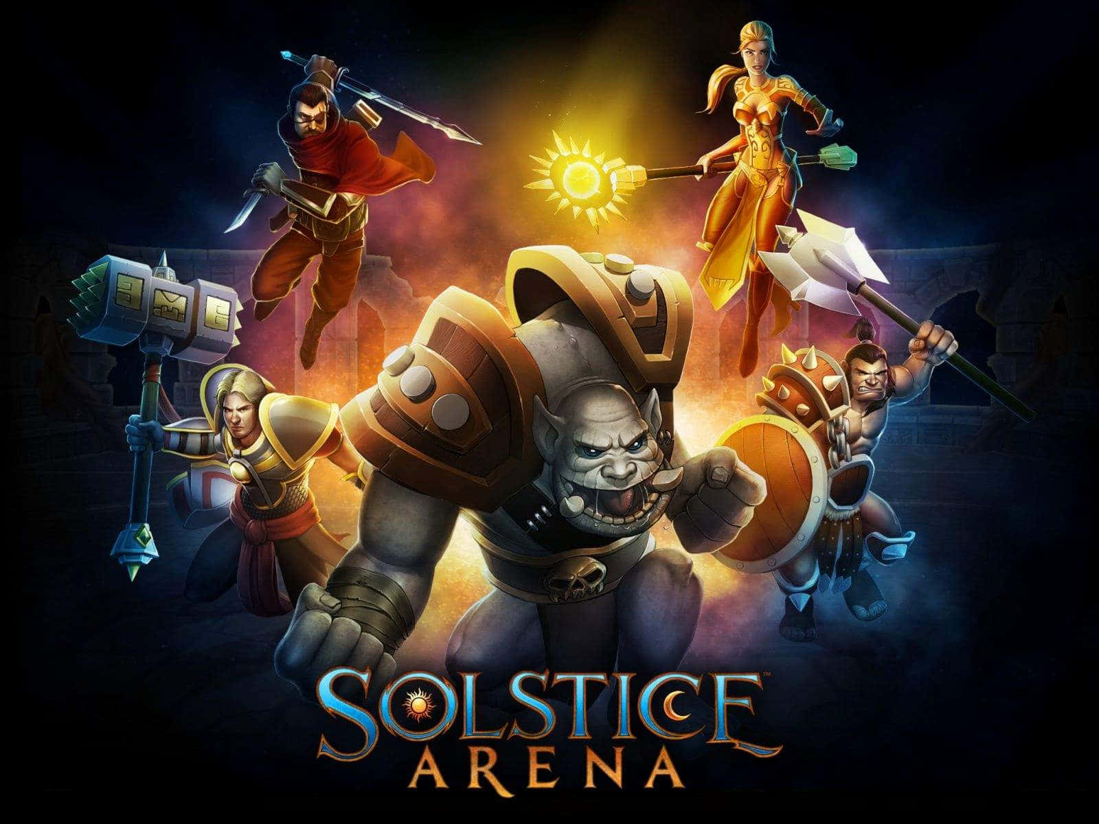 Moba Games 桌布 壁紙 — 一個動態奇幻遊戲場景，有五名身穿盔甲、手持發光武器的戰士，以及一個中央的獸人般角色，背景是黑暗的火海。